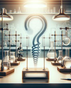 An AI generated image of a laboratory with a Question Mark in the center fashioned with laboratory glassware.