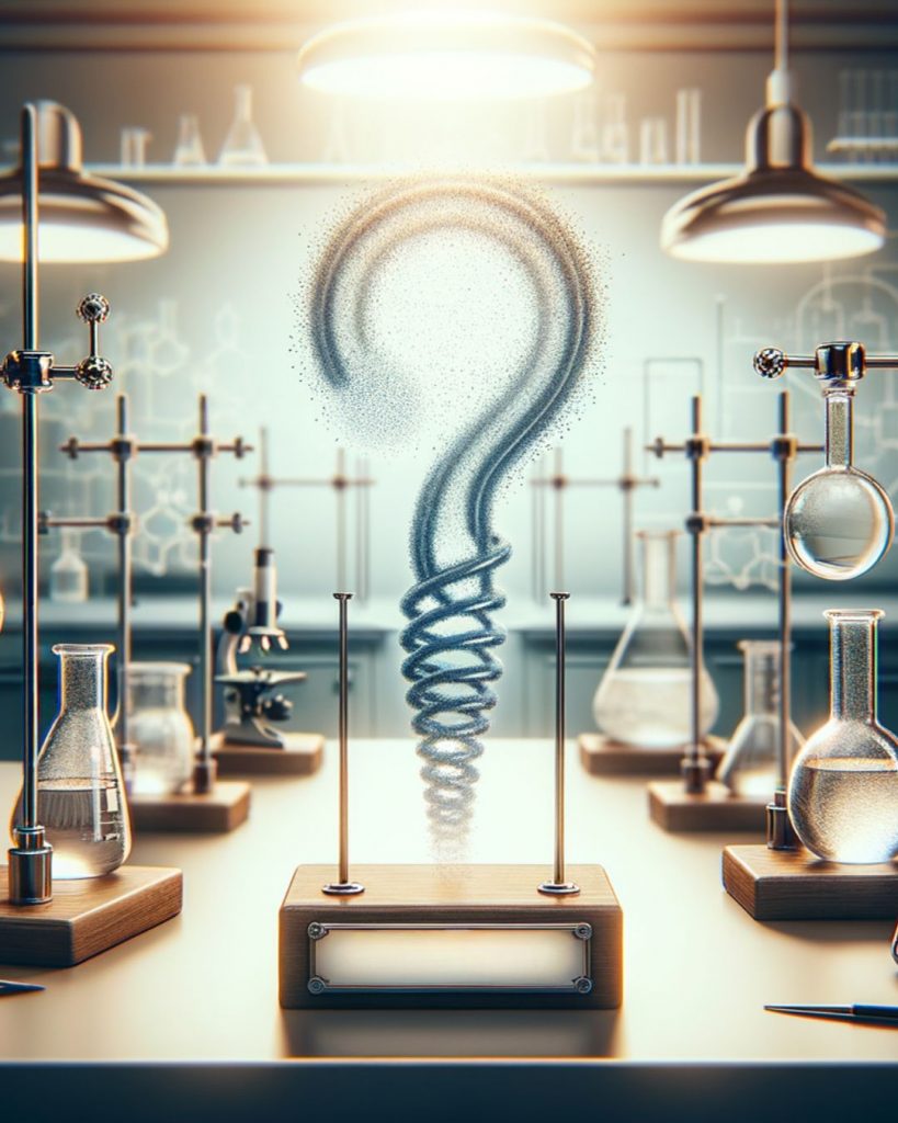An AI generated image of a laboratory with a Question Mark in the center fashioned with laboratory glassware.